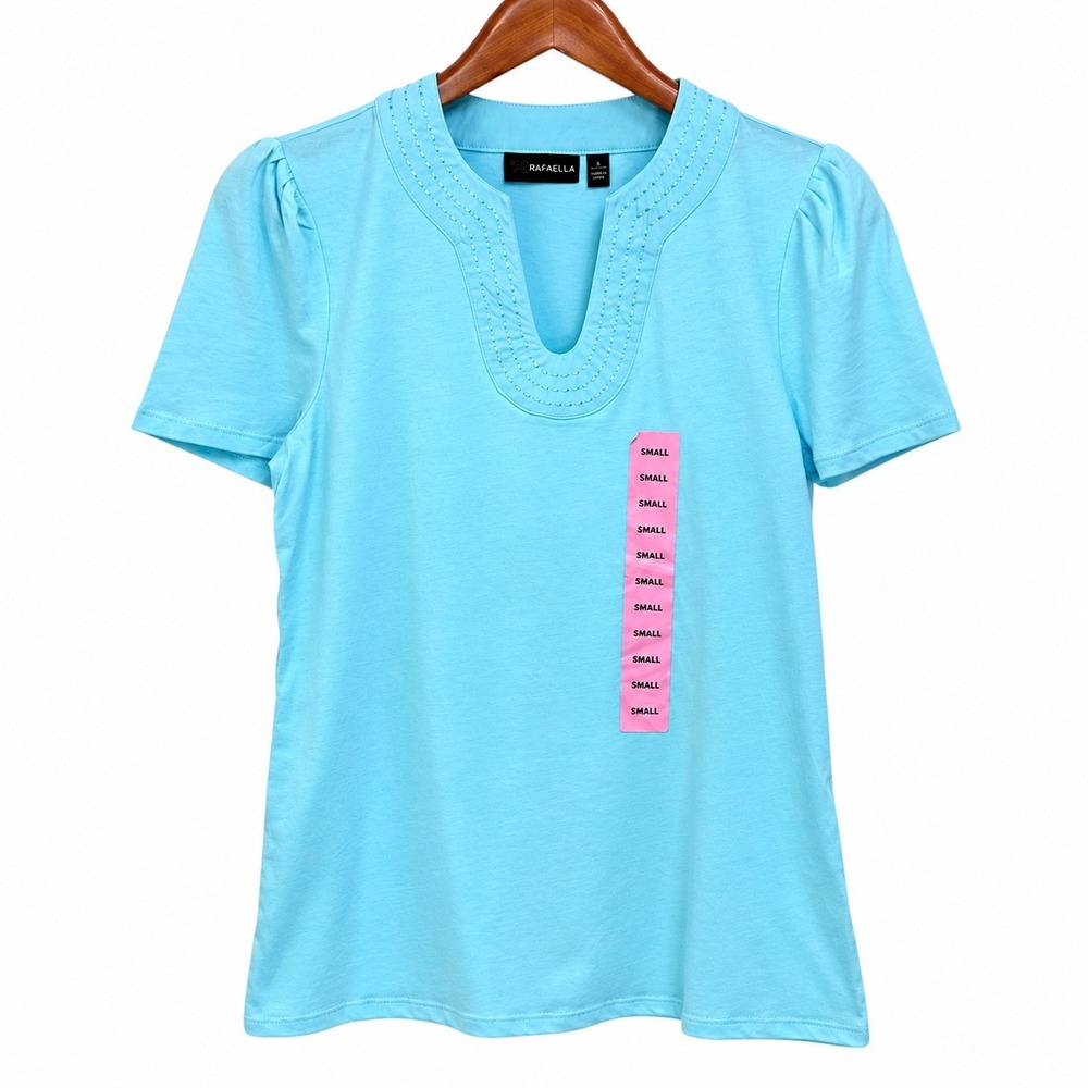 Rafaella Womens Light Blue Cotton Split Neck Puff Sleeve Knit Top RSKSE001 Small